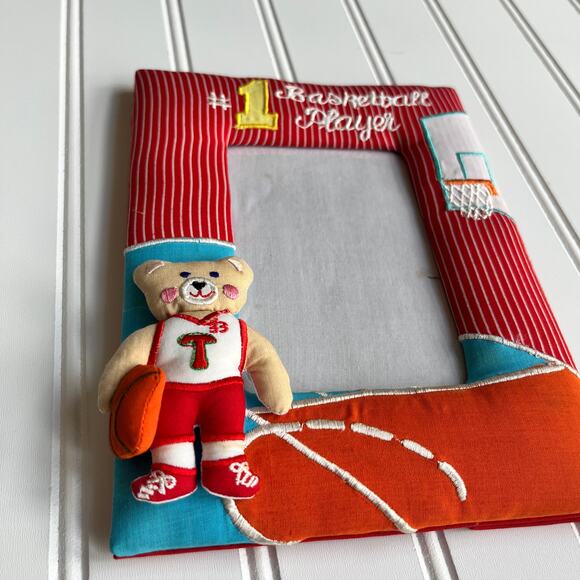 Vintage #1 Basketball Player Fabric Photo Frame 90's Embroidered Teddy Bear - Picture 2 of 9